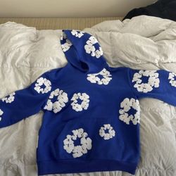 Blue and white denim tears hoodie  