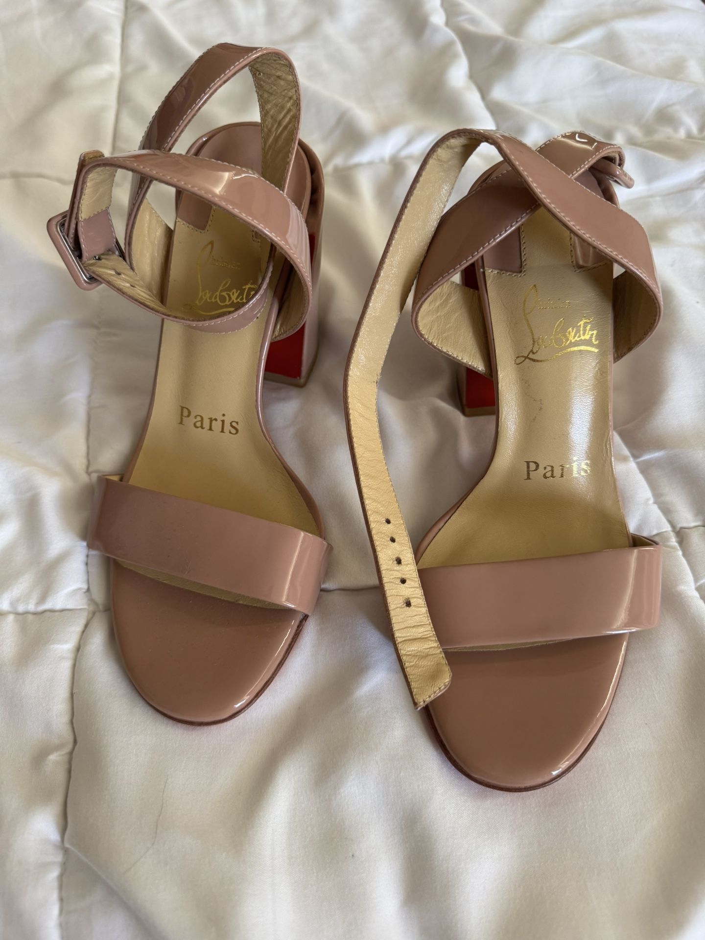 Christian Louboutin Miss Sabina 85 Nude Ankle Strap Sandal Block Heel