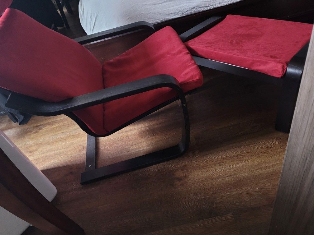 POÄNG -$20- armchair/ottoman/with Red Velvet Cushions