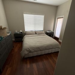 Queen Bed Frame + 2 Nightstands Set – Modern Rustic Wood w/ Upholstered Headboard & Built-In Outlets