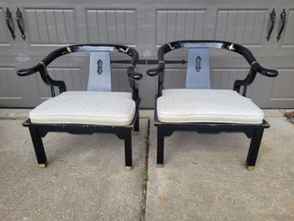 Pair of yoke back black lacquered horseshoe Ming lounge chairs, James Mont, Century Chair Co.