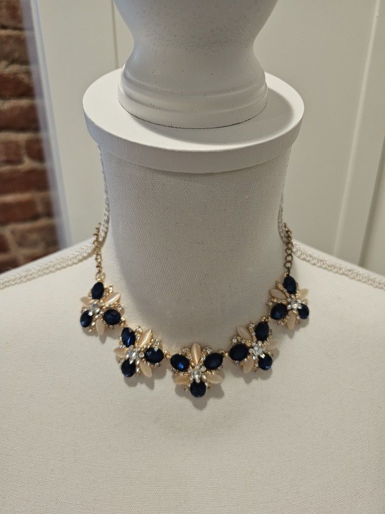 Elegant Blue And Gold Floral Necklace/Choker