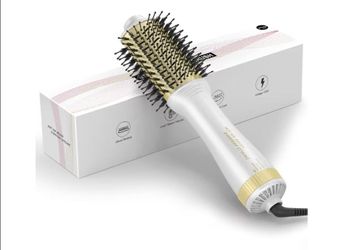 4 in 1 Hot Air Blow Dryer Straightener & Curler Brush 2.4" Oval Brush Gold/White