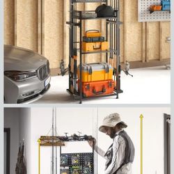 Large Size Fishing Rod Holders for Garage, Heavy Duty 4-Tier Fishing Pole Rack Holds up to 12 Rods with Pegboard and Hooks, Fishing Gear Organizer, Fi