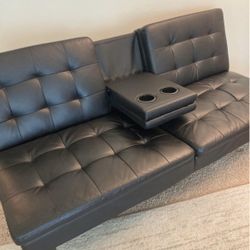 Memory Foam 71.5" Futon with Cupholder - Black Faux Leather
