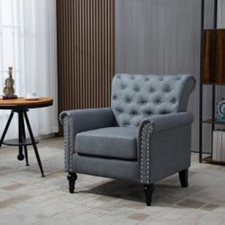 Mid-Century Modern Accent Chair, Linen Armchair with Tufted Back and Wood Legs, Gray