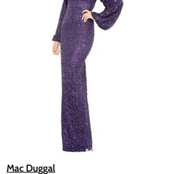 Mac Duggal Sequined Puff Sleeve V Neck Gown
