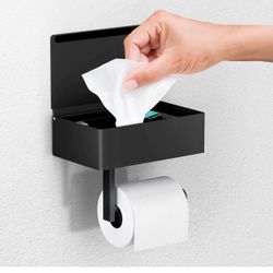 BRAND NEW IN BOX Toilet Paper Holder w/Shelf Bathroom Flushable Wipes Dispenser Holder with Storage, Large, Matte Black