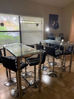 2 Modern Glass Bar Height Tables + 8 Adjustable Bar Stools