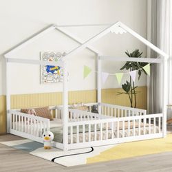 NEW White Double Twin Size Pine Wood Kids House Floor Bed Frame with Fence & Guardrails, No Box Spring Needed