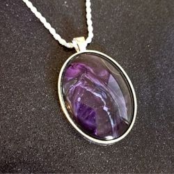 Sterling silver purple and black swirl acrylic paint pour oval necklace goth New