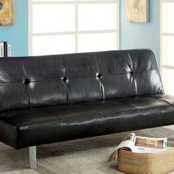 Brand New Black Leather Futon Sofa Converts Into Bed 