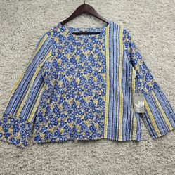 Habitat Shirt Womens Small Blue Floral Patchwork Long Sleeve Lightweight Boho
