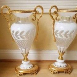 Hand cut Crystal  Set Of 2 Vases Tall :19”