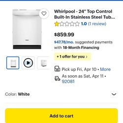 Dishwasher whirlpool white new open box  
