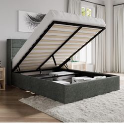 Queen Size Lift Up Storage Bed/Modern Wingback Headboard/Upholstered Platform Bed Frame/Hydraulic Storage/No Box Spring Needed/Wood Slats Sup