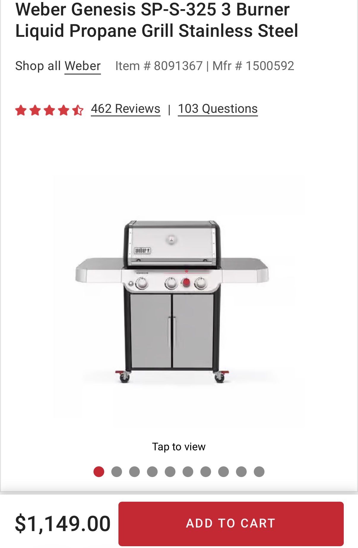 Weber Genesis SP-S-325 3 Burner Liquid Propane Grill Stainless Steel - Brand New Open Box Assembled