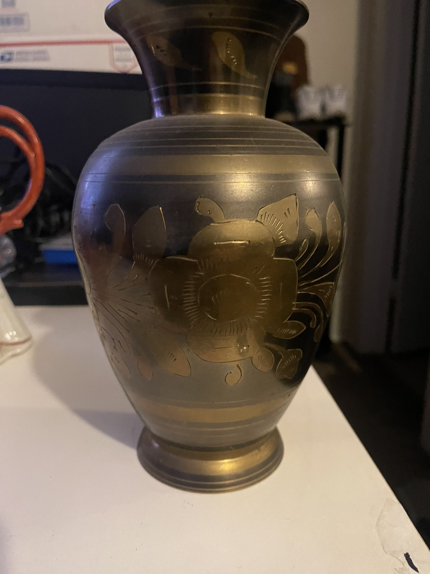 Etched, two tone brass vase; unique brass vase