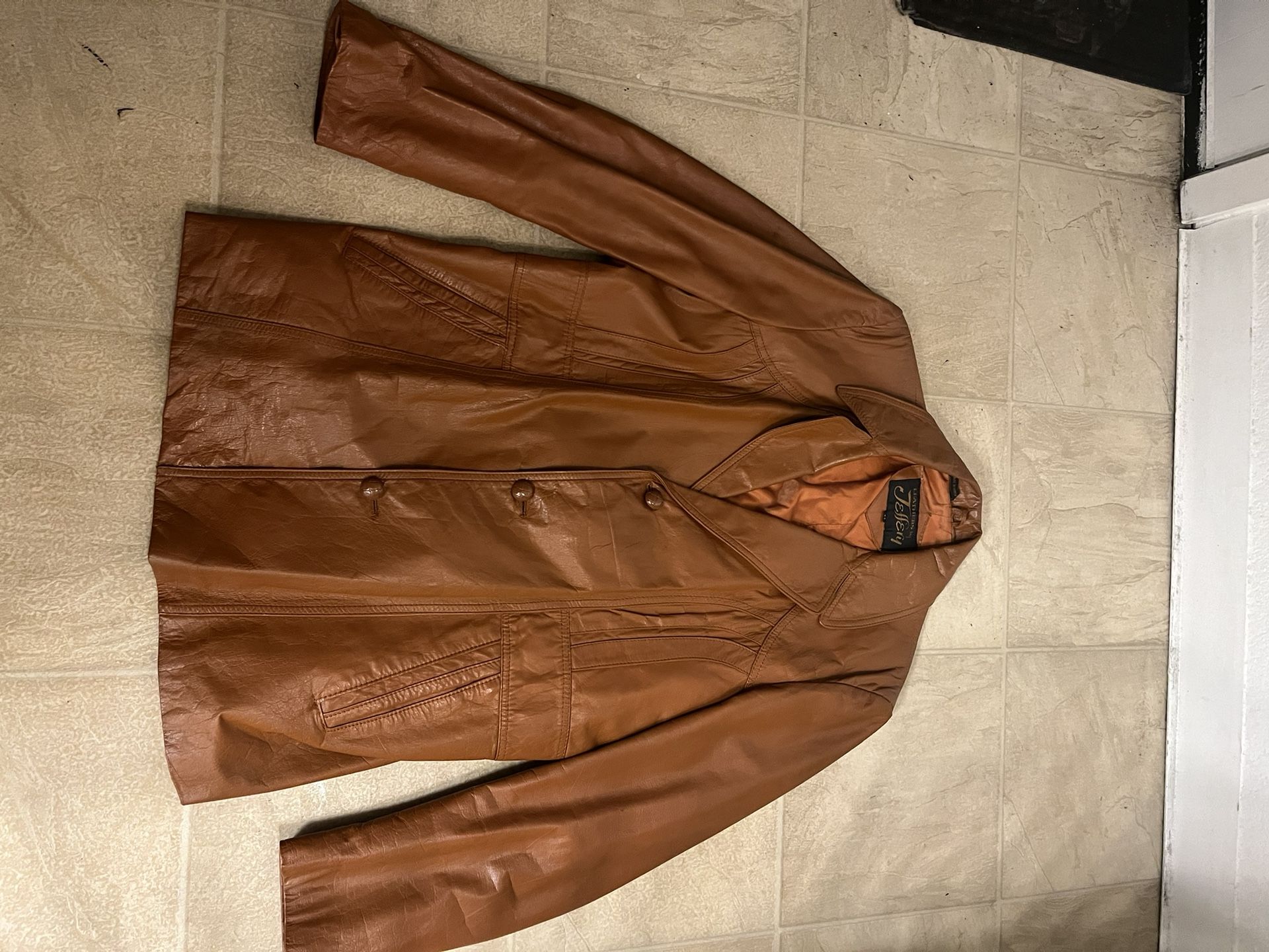 Leathers By Jeffery Jacket Men 44 Brown Leather Coat Notch Lapel70s