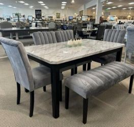 FAUX MARBLE DINING TABLE WITH CHAIRS AND BENCH