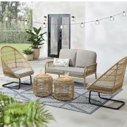 Hampton bay Sierra Creek Tan 5-Piece Wicker Outdoor Patio Conversation Deep Seating Set with CushionGuard Stone Gray Cushions