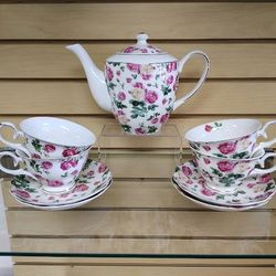 9pc Porcelain Tea / Coffee set ( NEW ) 1 Teapot _ 4 cups & 4 Saucers. Pink / Gold / Green / White.