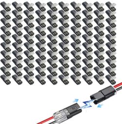 100pcs Double Wire Plug in Connector with Locking Buckle, Low Voltage 2 Pin LED Light Wire Connectors, No Tool Quick-Clip Snap-On Block for 18-22 AWG 