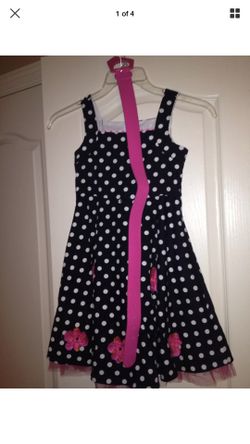 New Bonnie Jean Girls Black & White Polka Dot Dress With Pink Belt & Accent Flower