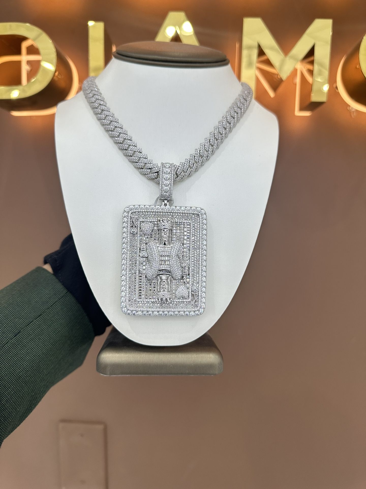 925 Sterling Silver With VVS Moissanite Custom Poker King Pendant And Miami Cuban Chain