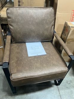 PU Leather Armchair, Retro Leisure Accent Chair with Extra Soft Padded and Cushion, Modern Reading Arm Chair with Black Metal Frame for Living Room/Of