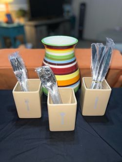 Parini 18-Piece Flatware Set + Ceramic Caddy & Matching Desert Tones Vase