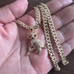 Cuban Chain In Gold Plated With Owl Pendant