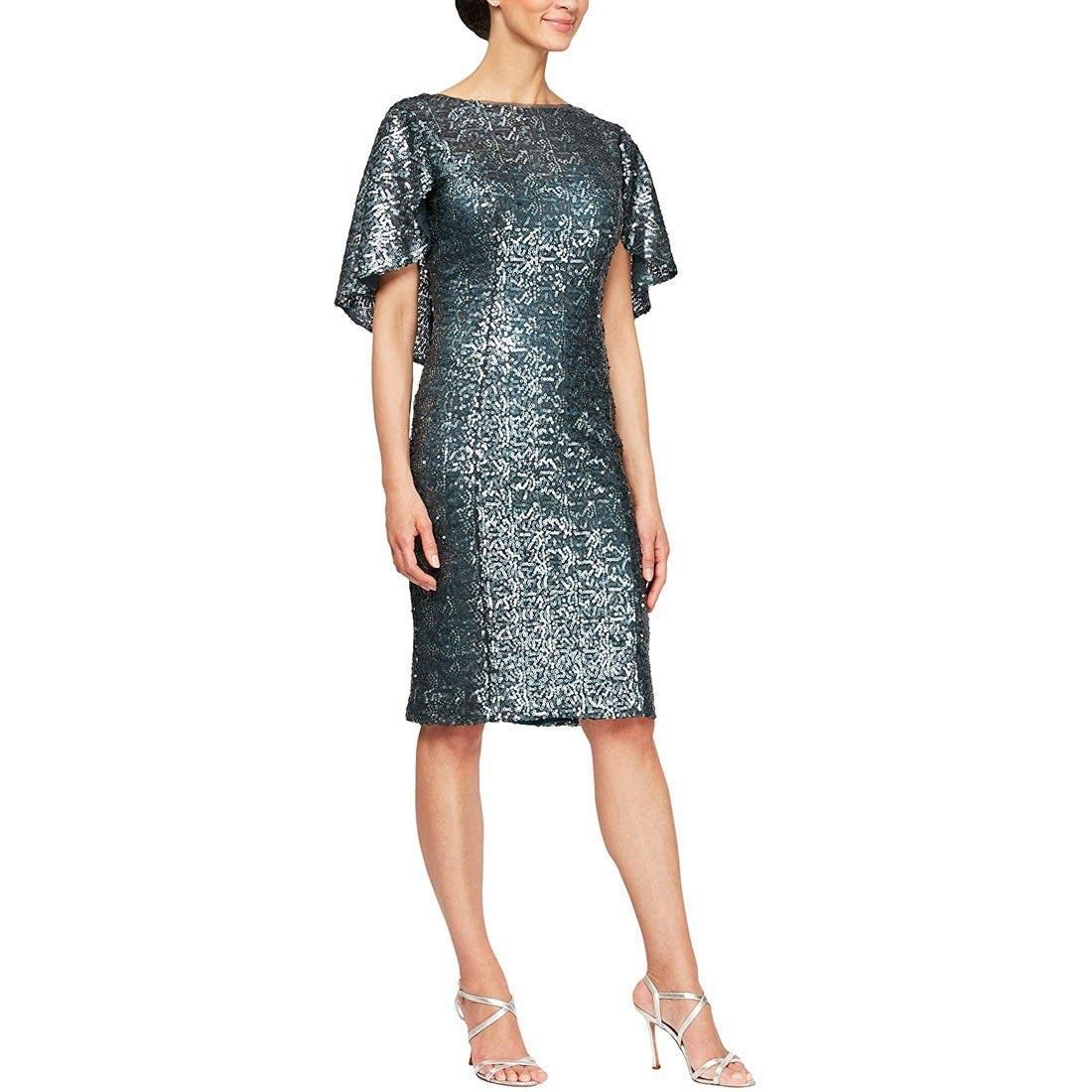 Alex Evenings Short Shift Dress W/Bell Sleeves, Vintage Teal, 16