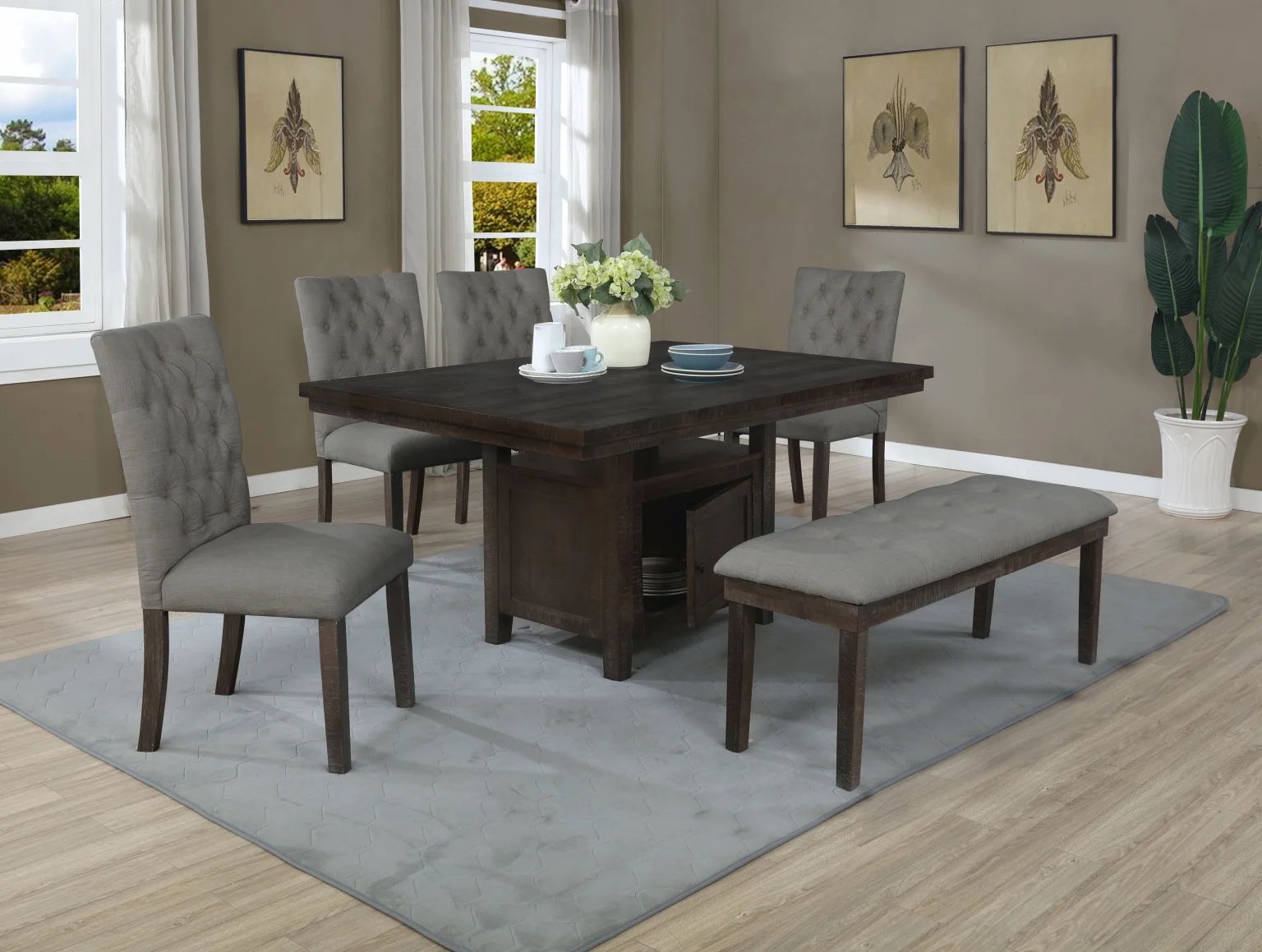 Dining Table Set With 4 Grey Dining Chairs & Bench