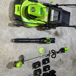 Greenworks Lawnmower, Trimmer, Blower combo