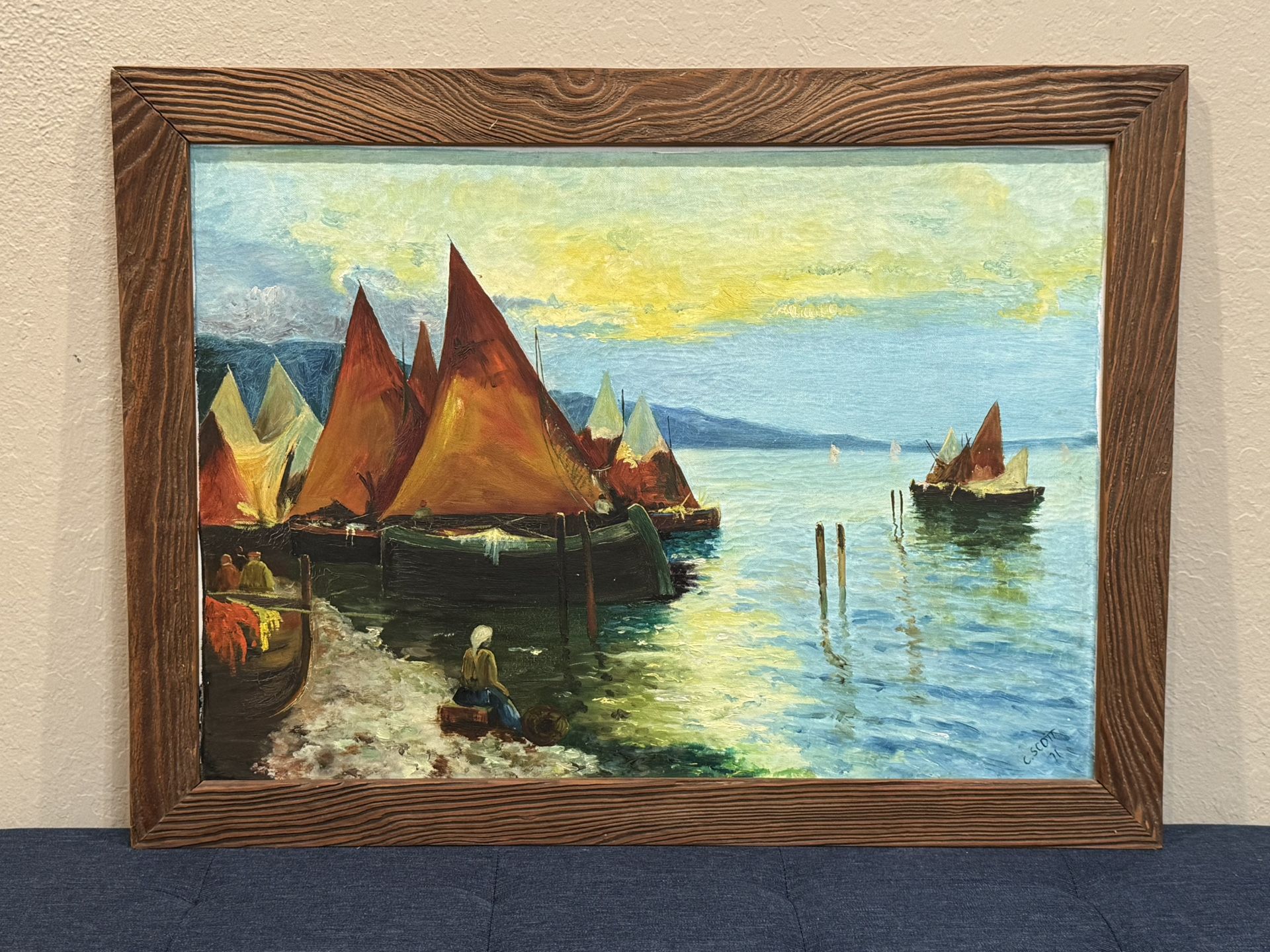 Vintage 1971 Sunrise Harborscape Mediterranean Oil Painting by C. Scott