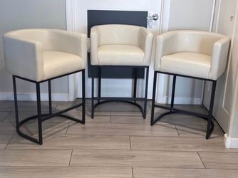 Height Bar Stools Set of 2, Modern Barrel Counter Stools with Backrest and Arms (White)