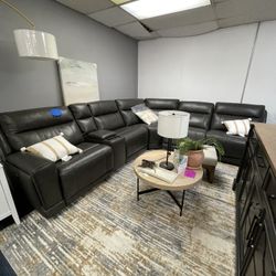 Leather Grey Sectional Power Recliner 