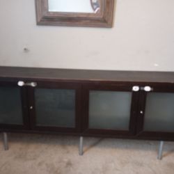 Espresso Solid Wood TV Stand With Glass Doors 