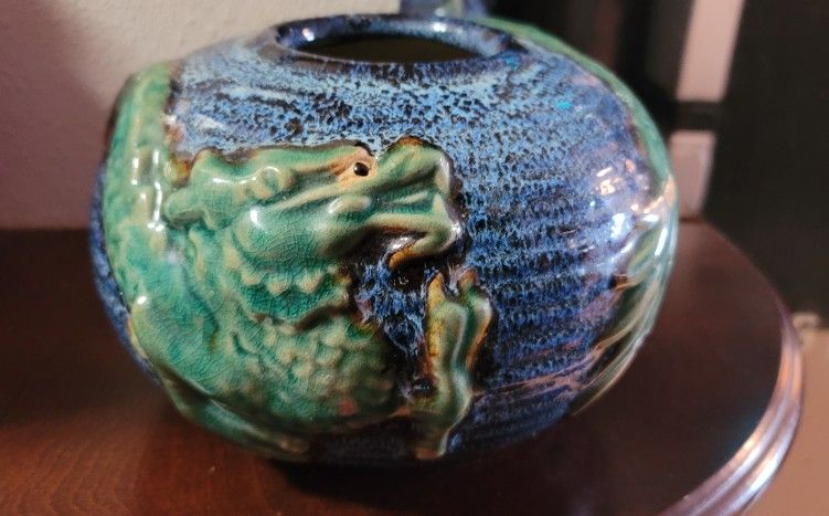 Chinese Pottery Cobalt Blue Sphere Bowl\Planter With Raised Green Dragon
75.00