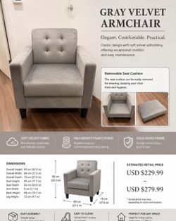 标题 ✨ Gray Velvet Accent Chair – Stylish & Super Comfortable ✨