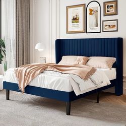 Queen Size Velvet Bed Frame with Vertical Channel Tufted Wingback Headboard, Upholstered Platform Bed with Wood Slats, No Box Spring Needed