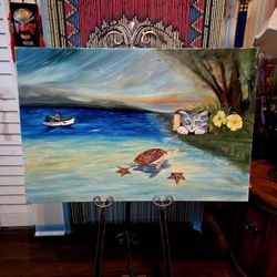 Vintage Oil On Canvas Painting Whimsical Surrealist "Cat,Turtle " Signed Dated 36"×24"