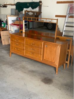 Mid-century dresser credenza, king headboard, mirror