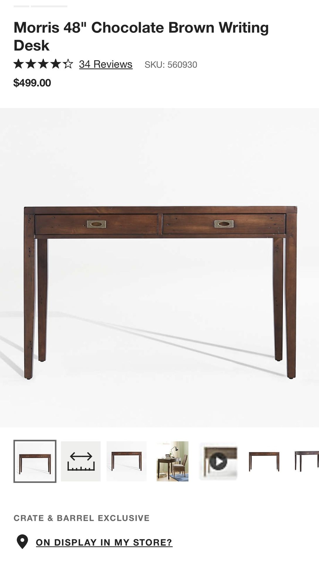 Crate And Barrel - Morris 48” Chocolate Brown Writing Desk