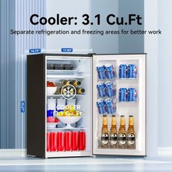 Frestec 3.2 Cu.Ft Mini Fridge with Freezer, 6 Settings Mechanical Thermostat, Stainless