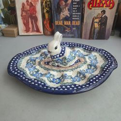 Vtg Polish Kalich Ceramic Bunny Rabbit Egg Plate Hand Made Pottery 10x8" Floral