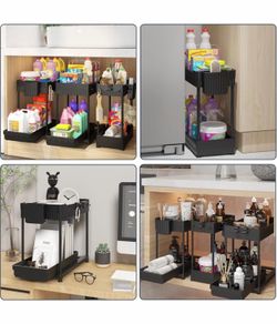3 Pack Under Sink Organizers,2-Tier Multi-Use Kitchen and Bathroom Organizers and Storage with Sliding Drawers,Bathroom Cabinet Organizer (Black,12.8 
