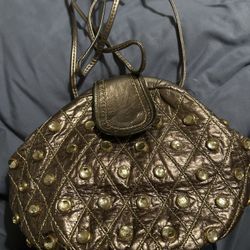 Vintage 80s Metallic Bronze Rhinestone Shoulder Bag 1980s Round Purse Clutch Handbag