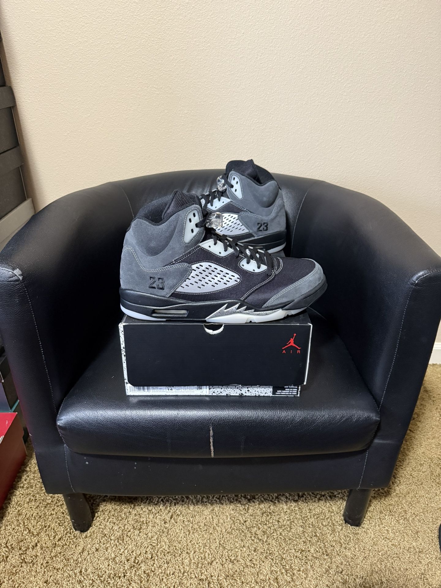 Brand new Air Jordan Anthracite 5’s size 14 with original boxes and proof of purchase.